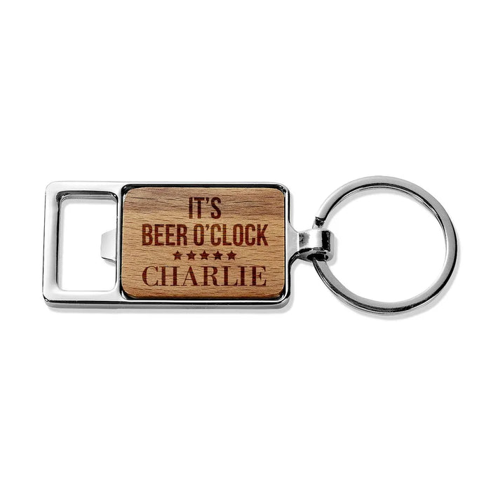 Beer O'Clock Engraved Rectangle Metal Keyring