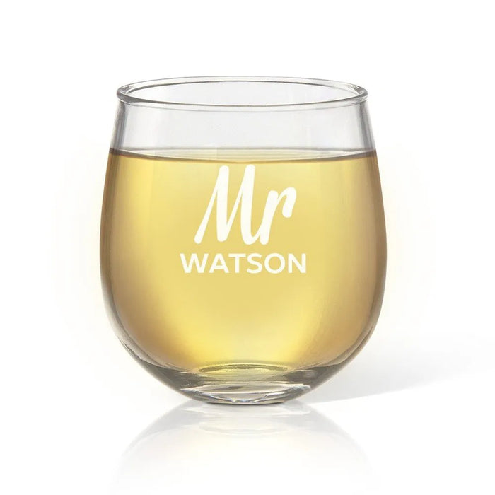 Mr Engraved Stemless Wine Glass