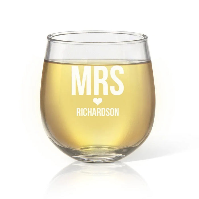 Mrs Love Engraved Stemless Wine Glass