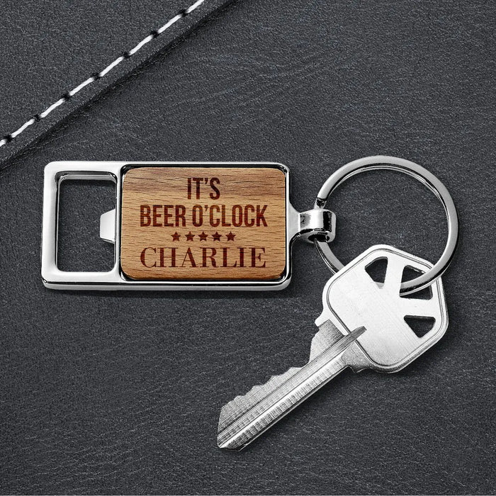 Beer O'Clock Engraved Rectangle Metal Keyring