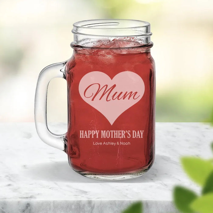 Mum in Heart Engraved Mason Jars